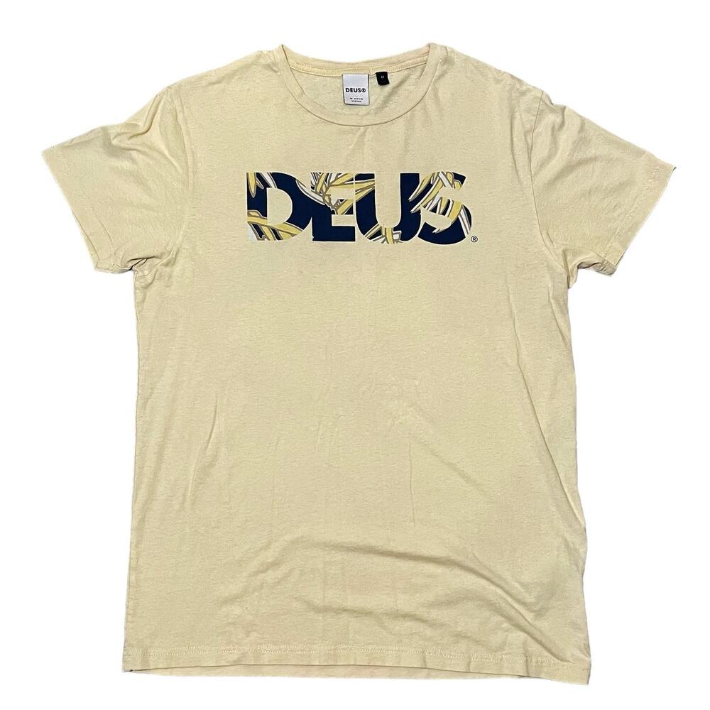 Deus Ex Machina Miyagi Caps Tee Shirt Spellout Yellow Faded Motorcycle Medium